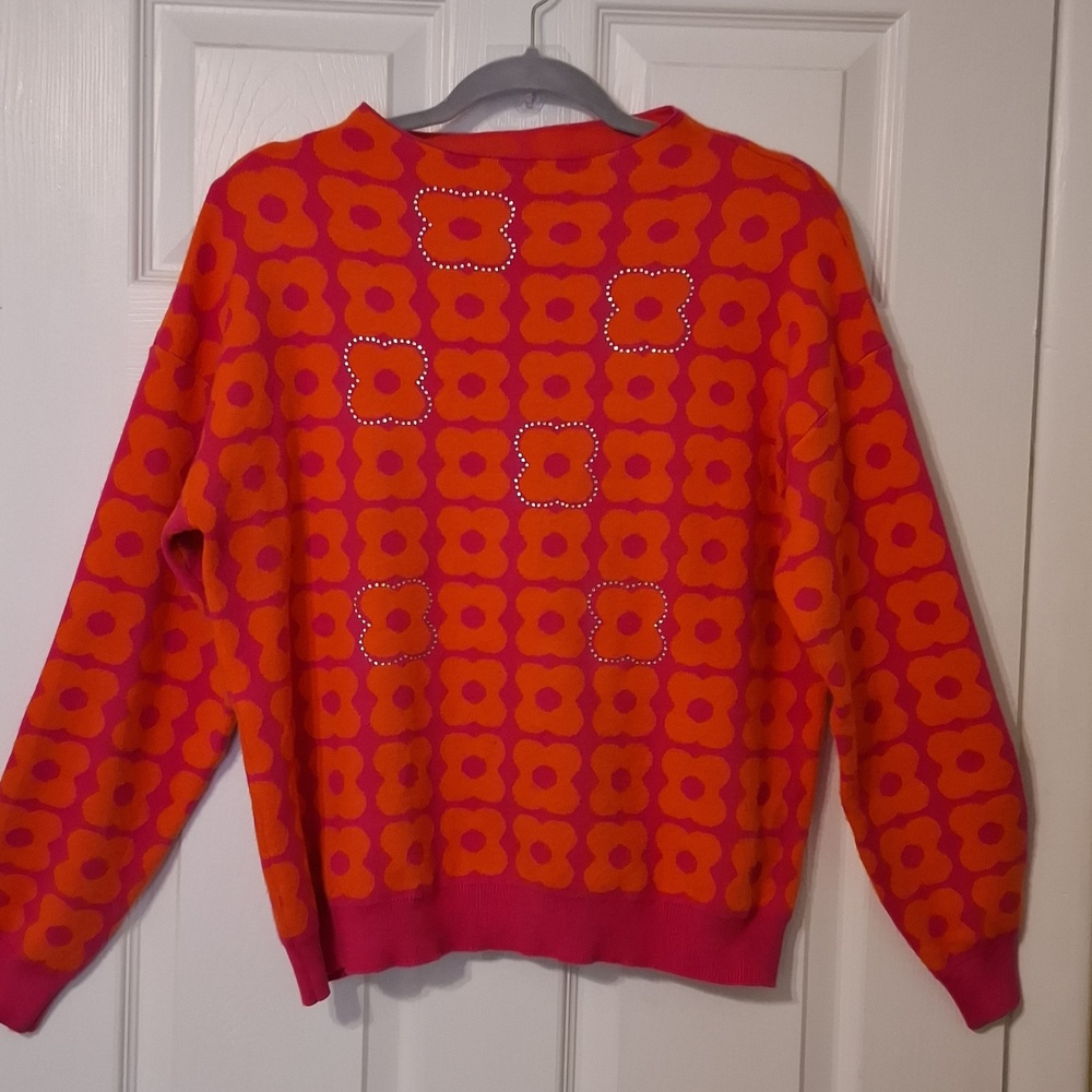 ontWelfth sz L, jacquard knit, retro pink & orange floral pattern sweater.